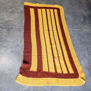 Vintage Handmade Crochet Afghan Throw Blanket Mustard Yellow Brown 64x 32
